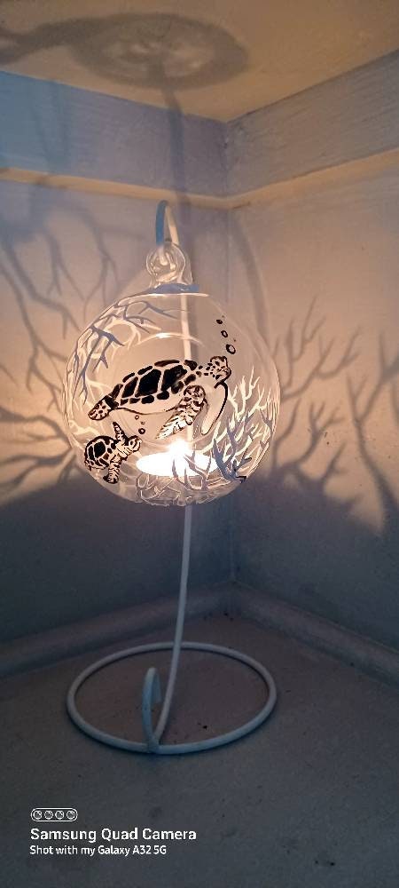 Sea turtle and coral reef under the sea  hand painted  hanging candle holder