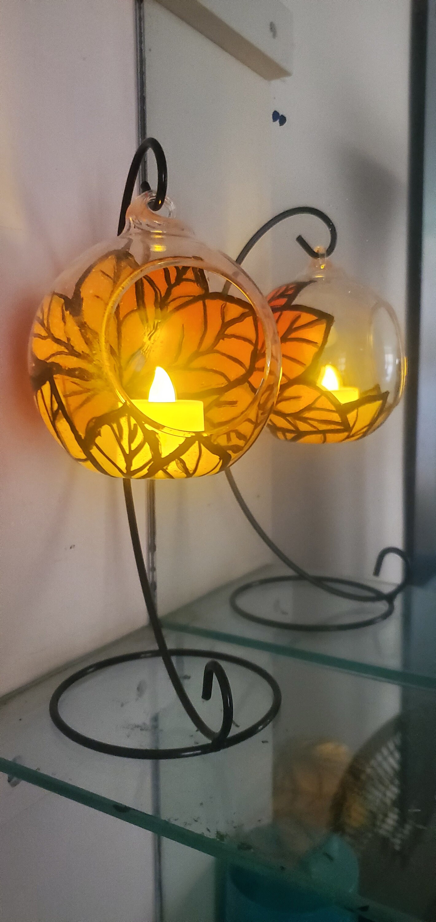 Orange leave fall hand painted candle holder - Thumbnail 2