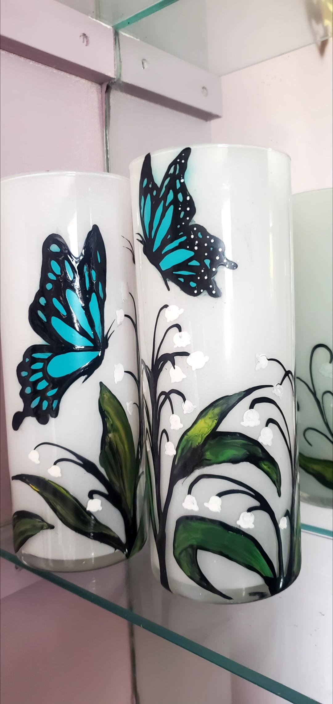 Hand Painted Butterfly & Lily Candle Holder Set: Cylinder Glass Gift - Thumbnail 3