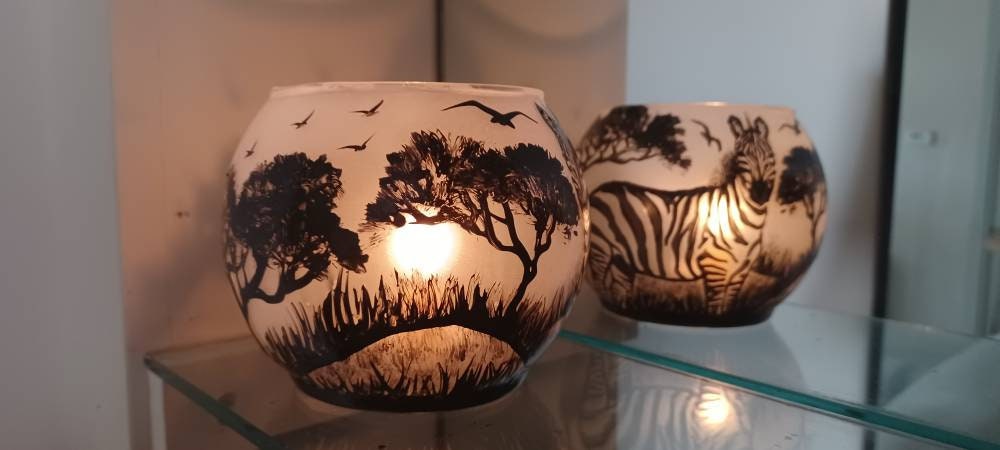 Zebra in savanna hand painted candle holder 4"x5" - Thumbnail 4