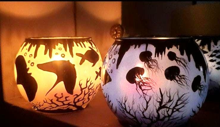 under the sea creatures hand painted candle holder Blue and black - Thumbnail 2
