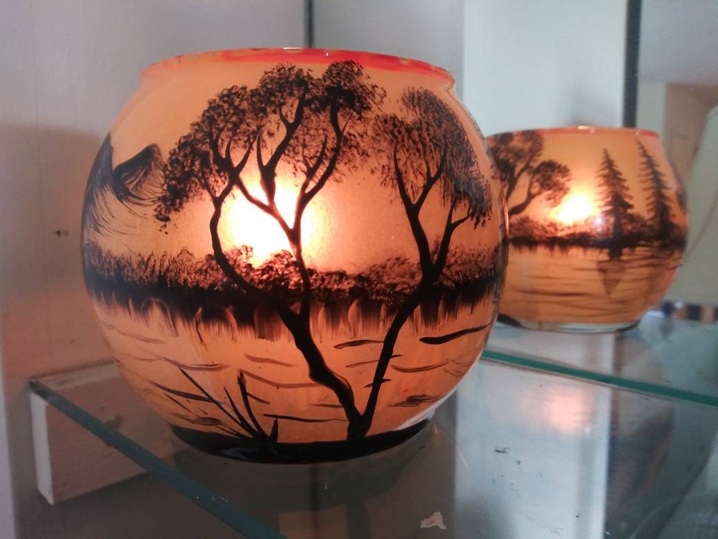 Hand‑Painted Mountain Landscape Candle Holder – Sunset Trees & Lake Silhouette, Unique Nature‑Inspired Gift - Thumbnail 4