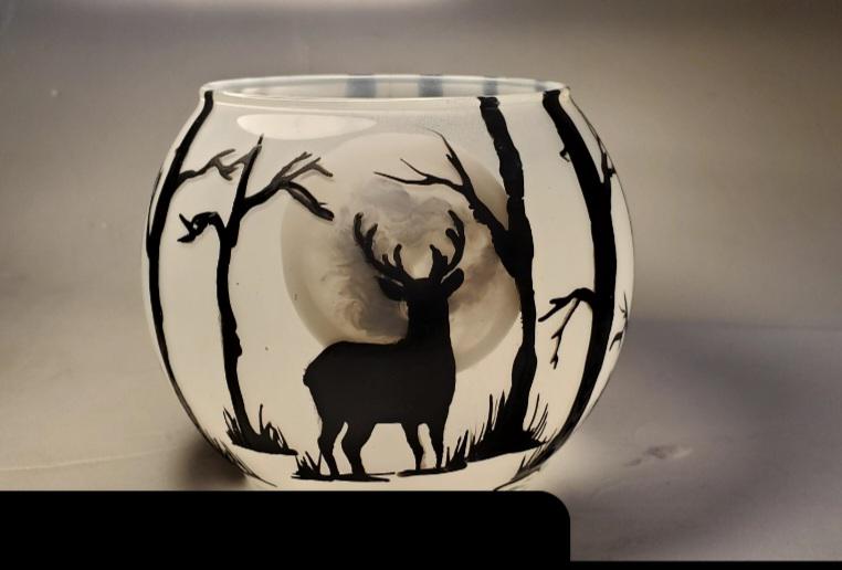 Hand‑Painted Glass Candle Holder “Deer in the Woods” – Rustic Nature Votive Bowl - Thumbnail 4