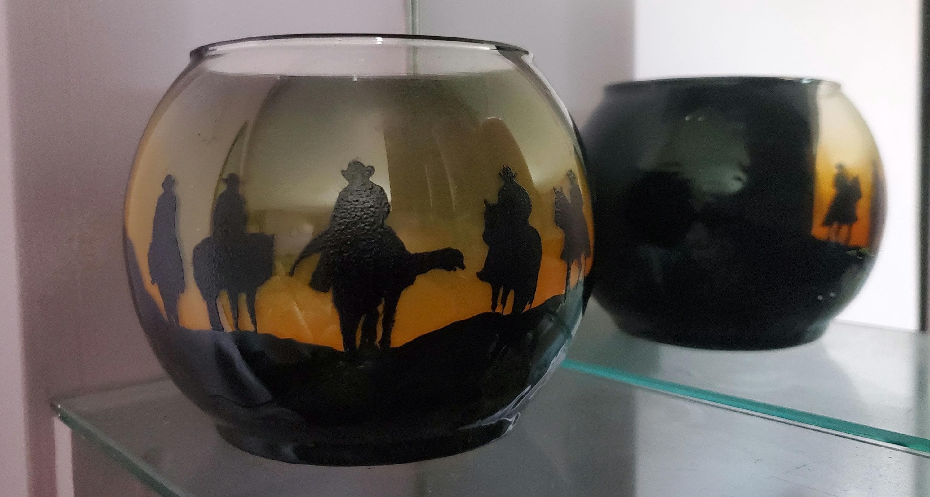 Group of cowboys ,horses, sunset, hand painted candle holder sunset color 4x5" - Thumbnail 3