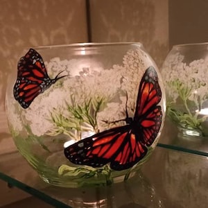 Monarch butterfly in milkweed handpainted candle holder 4x5in
