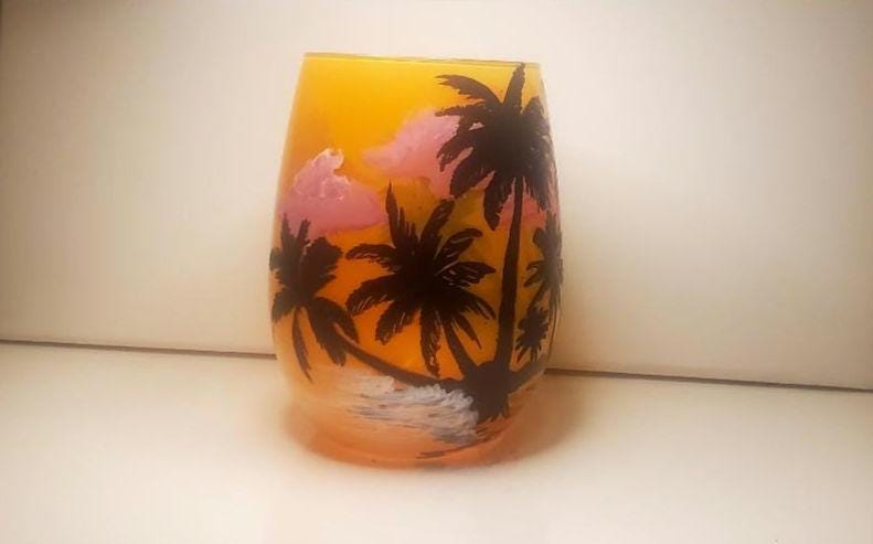 Hand Painted Island Beach Candle Holder: Sunset Palm Tree Decor - Thumbnail 4