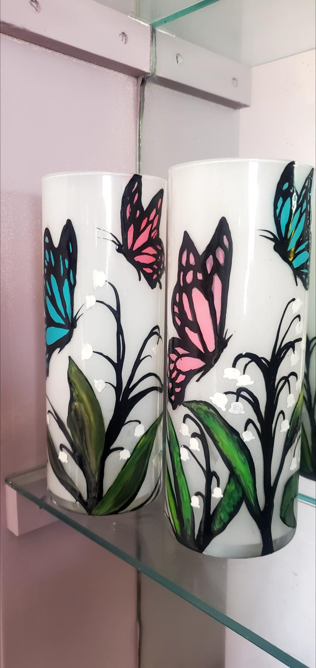 Hand Painted Butterfly & Lily Candle Holder Set: Cylinder Glass Gift - Thumbnail 6
