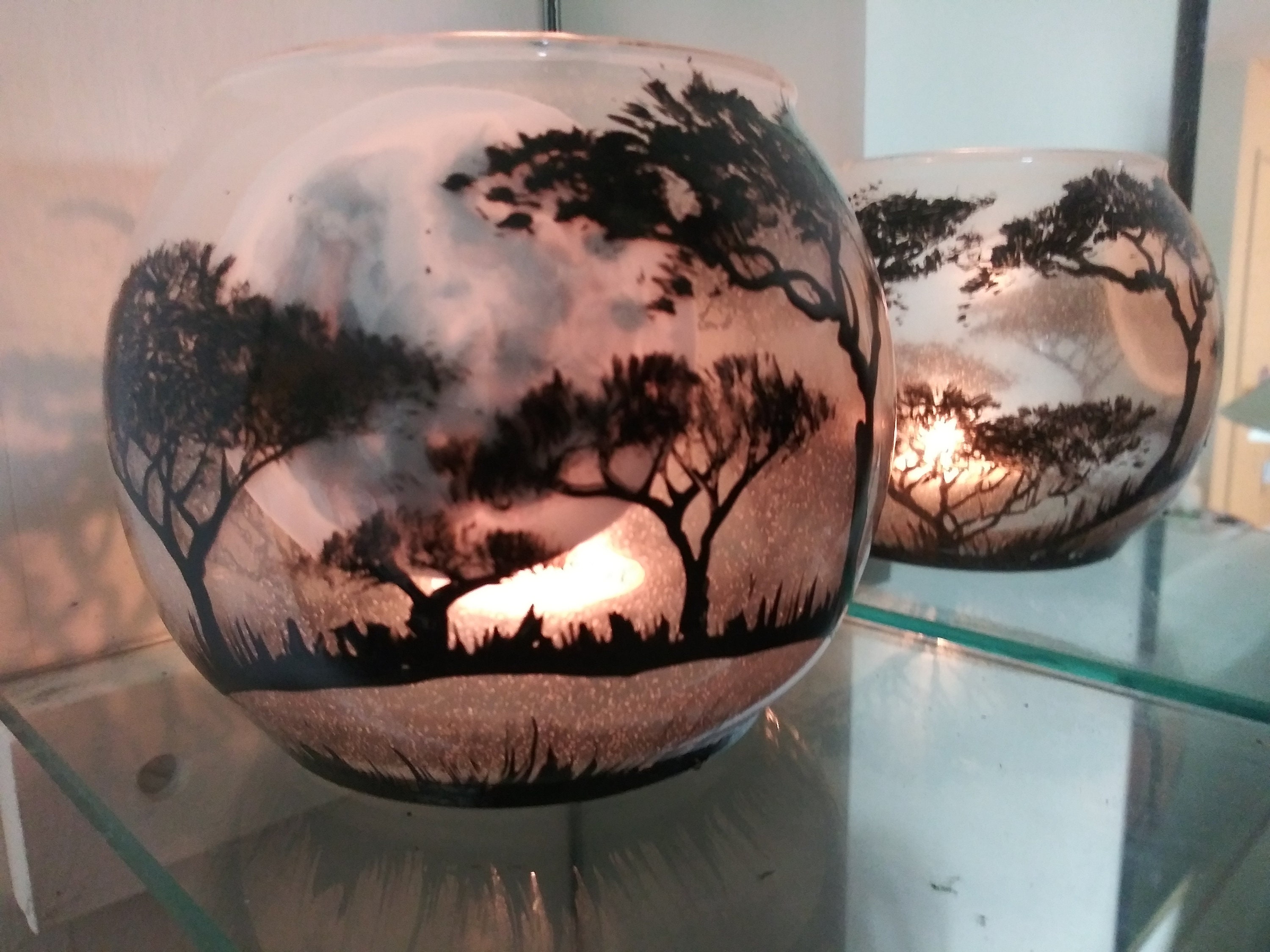 Savannah landscape trees and moon hand painted candle holder - Thumbnail 3