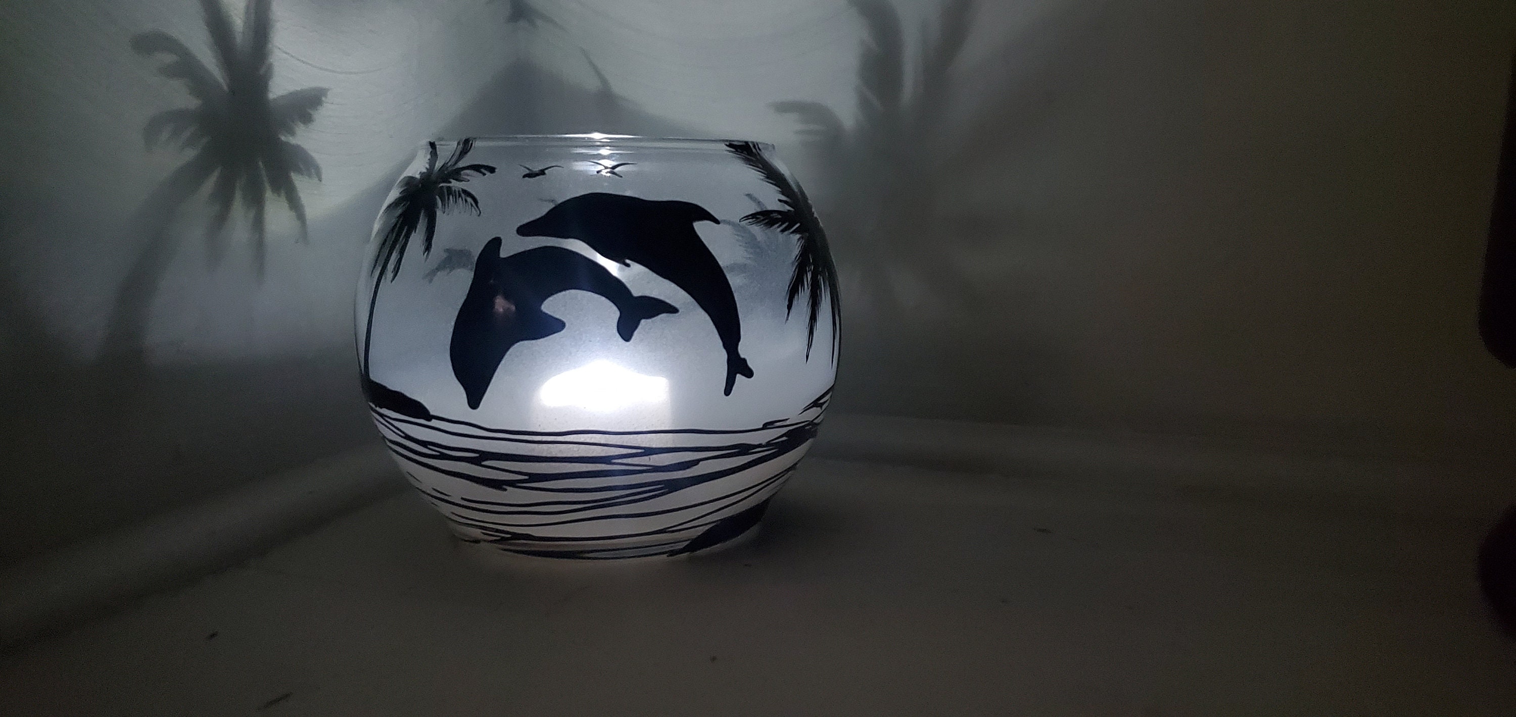 Hand Painted Dolphin Candle Holder: Frosted Blue Glass, Beach Decor - Thumbnail 7