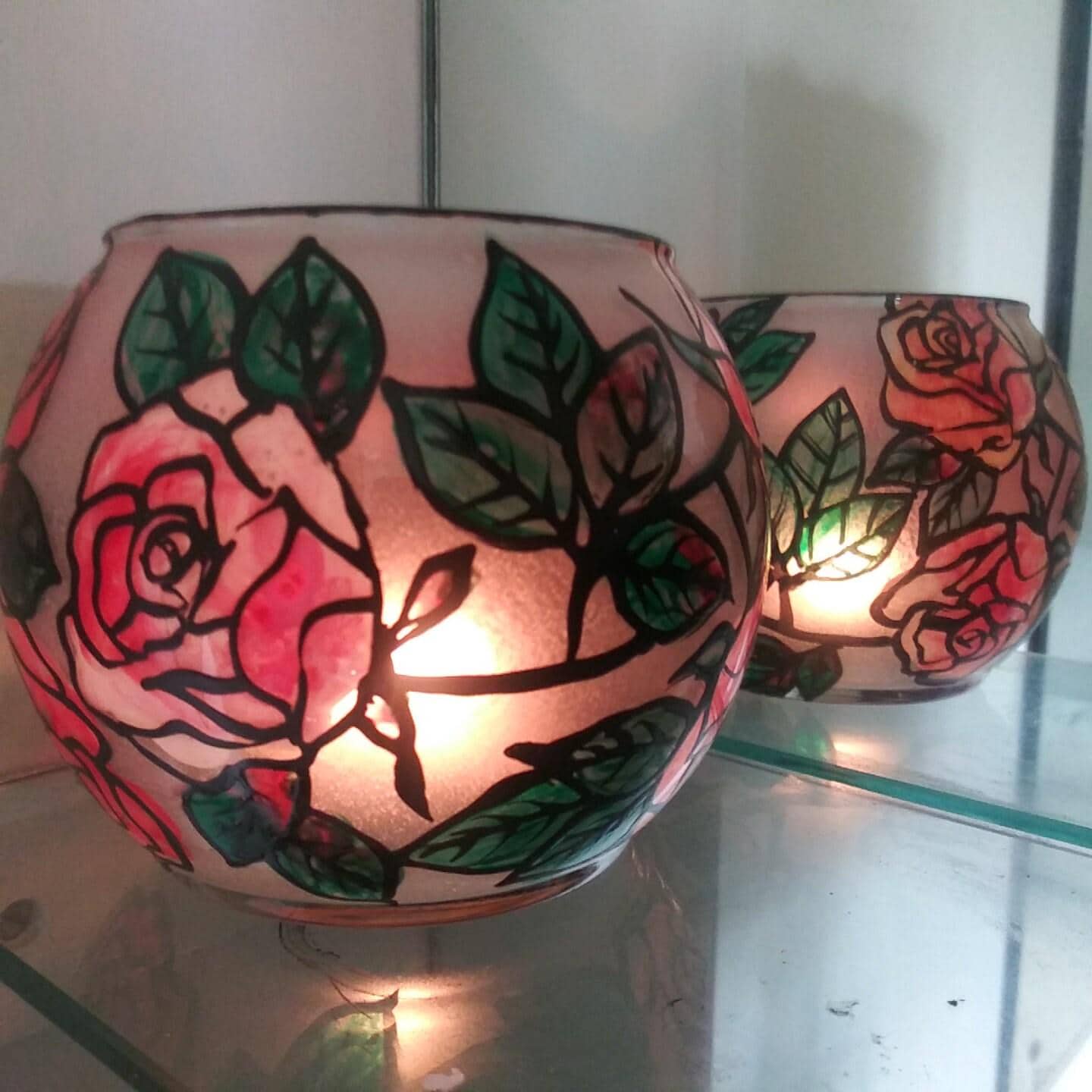 Hand Painted Red Rose Candle Holder: Tea Light & Dinner Light (4x4") - Thumbnail 7