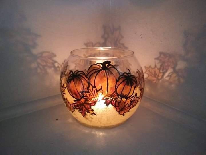 Pumpkin candle holder and fall leaves 4x4" glass bowl hand painted Thanksgiving gift light - Thumbnail 3