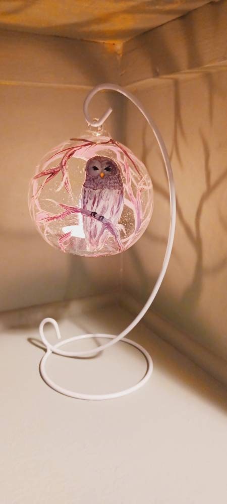 Snow owl snow flex and branch Hand painted candle holder - Thumbnail 4