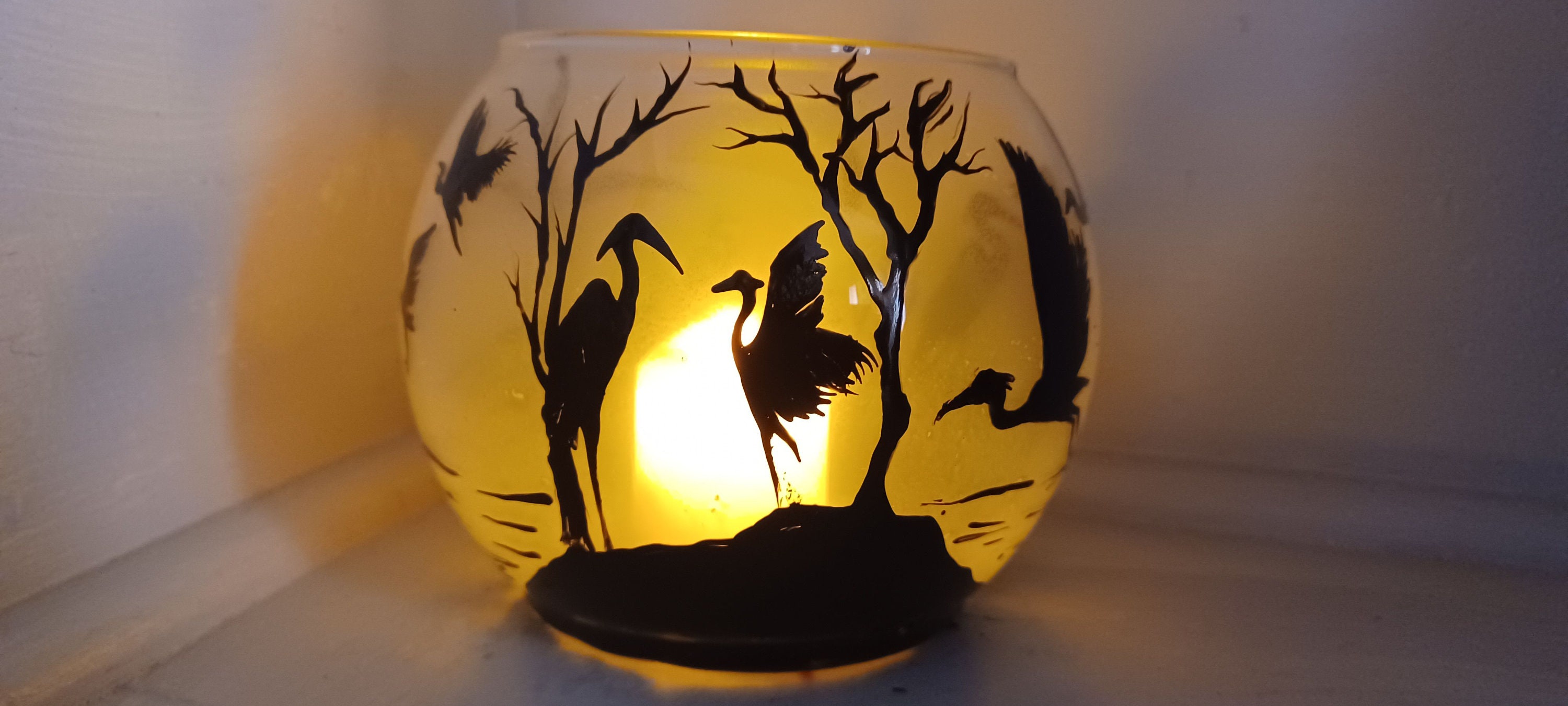 Hand Painted Bird Candle Holder: Egret Lake Scene - Thumbnail 7