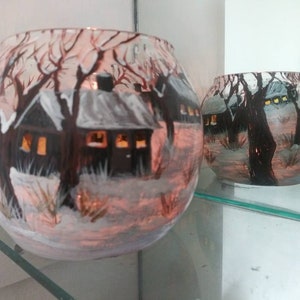 Houses snow winter and trees hand painted candle holder