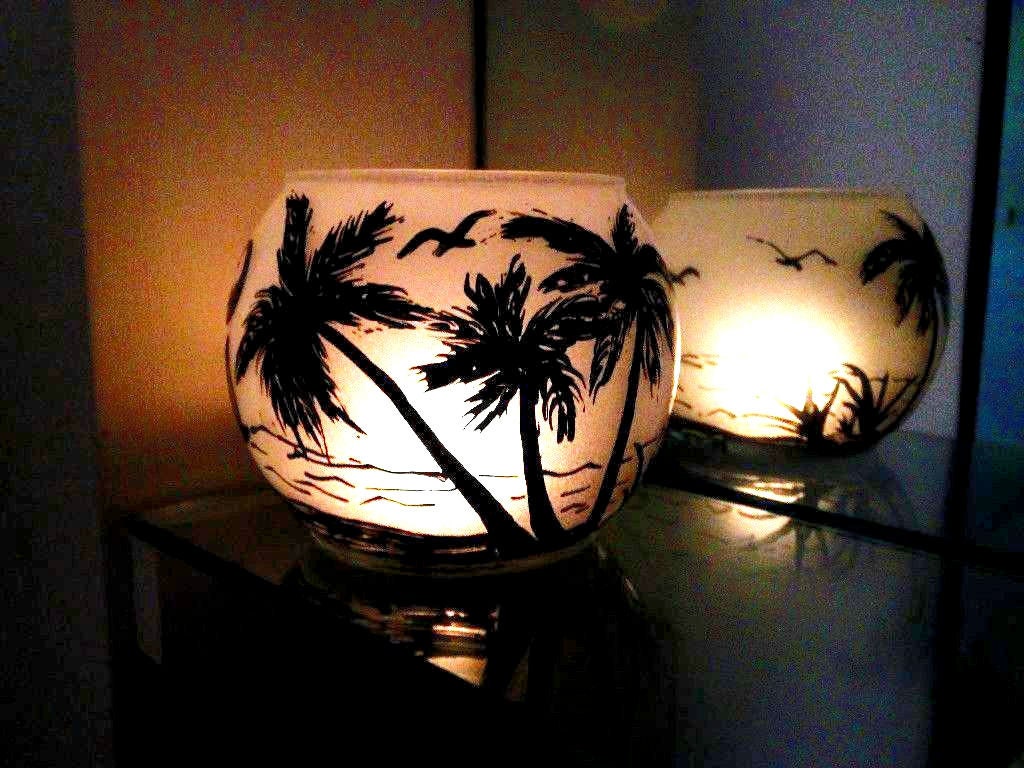 Hand Painted Beach Palm Glass Candle Holder: Art Vase (4x4) - Thumbnail 2