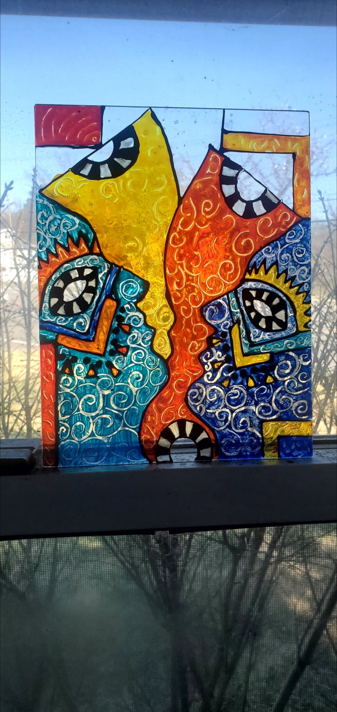 Hand Painted Lover Mask Stained Glass Art - 7x9" - Thumbnail 2