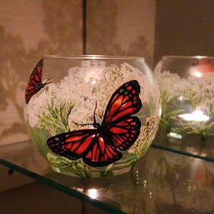 Monarch butterfly in milkweed handpainted candle holder 4x5in