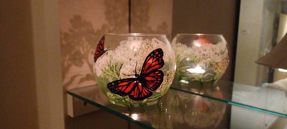 Monarch butterfly in milkweed handpainted candle holder 4x5in - Thumbnail 2