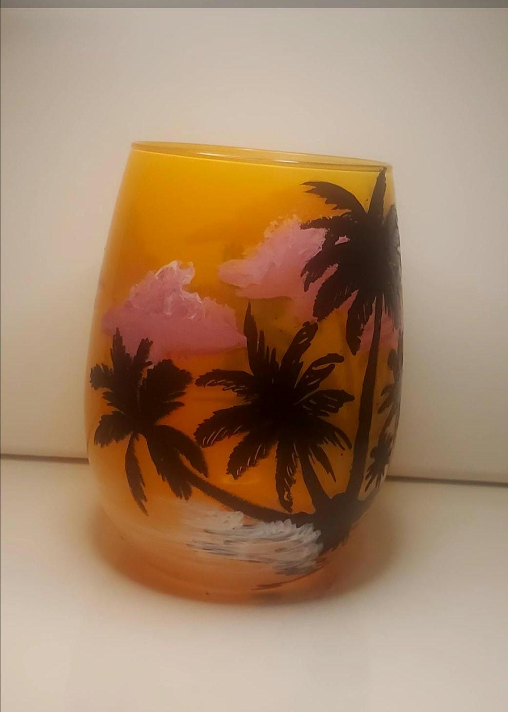 Hand Painted Island Beach Candle Holder: Sunset Palm Tree Decor - Thumbnail 5