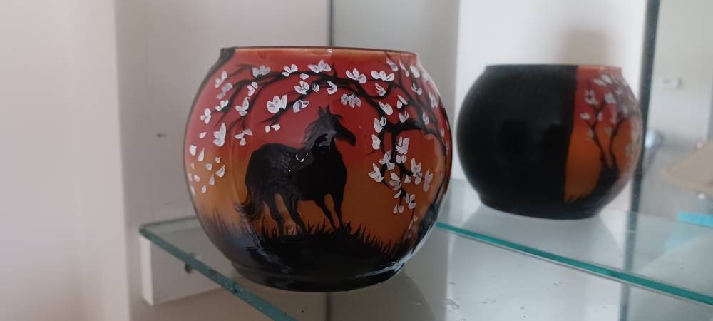 Horse and white cherry blossom tree with sunset hand painted candle holder - Thumbnail 4