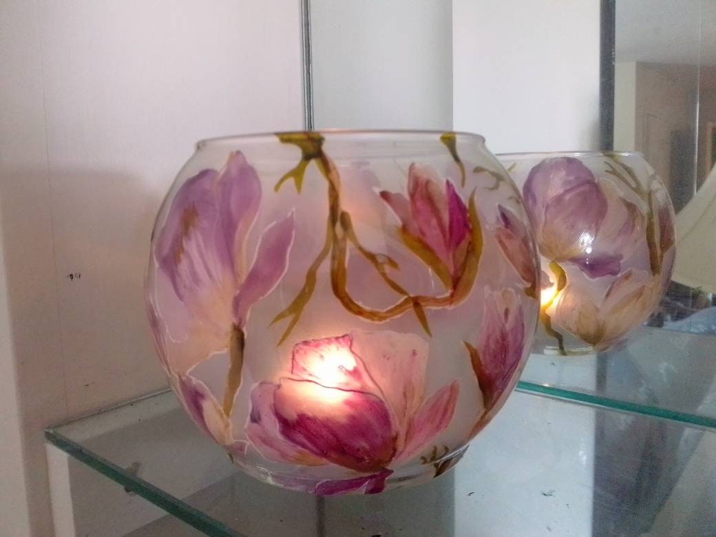 Purple and gold cherry blossom flower hand painted candle holder - Thumbnail 5