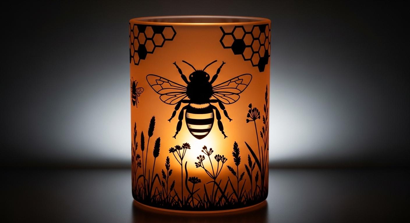 Bee and Wildflower Silhouette Candle Holder with Honeycomb Design – Ambient Lighting Art 9X3"