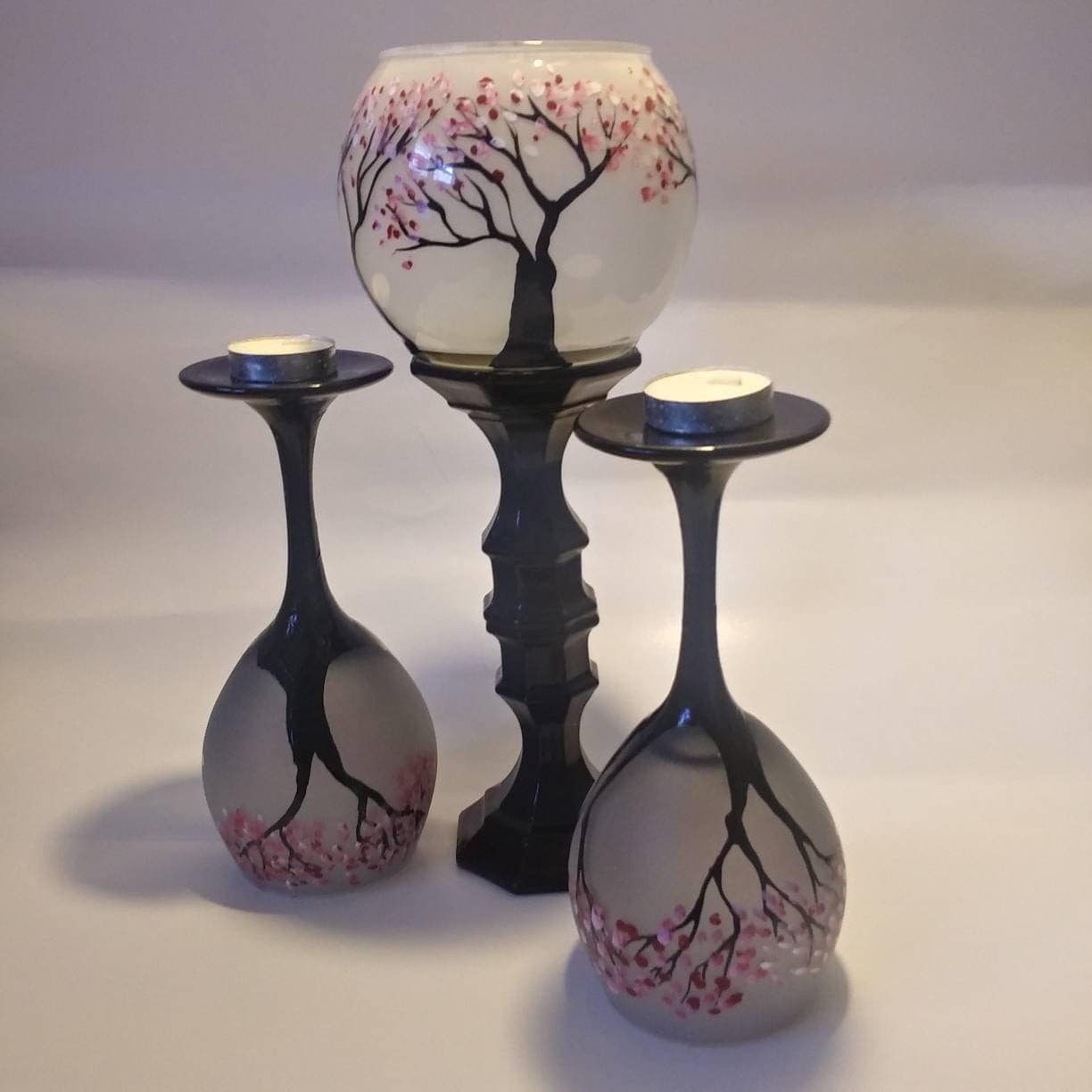 Cheery blossom trees Candle holder set of 3 hand painted glass - Thumbnail 3