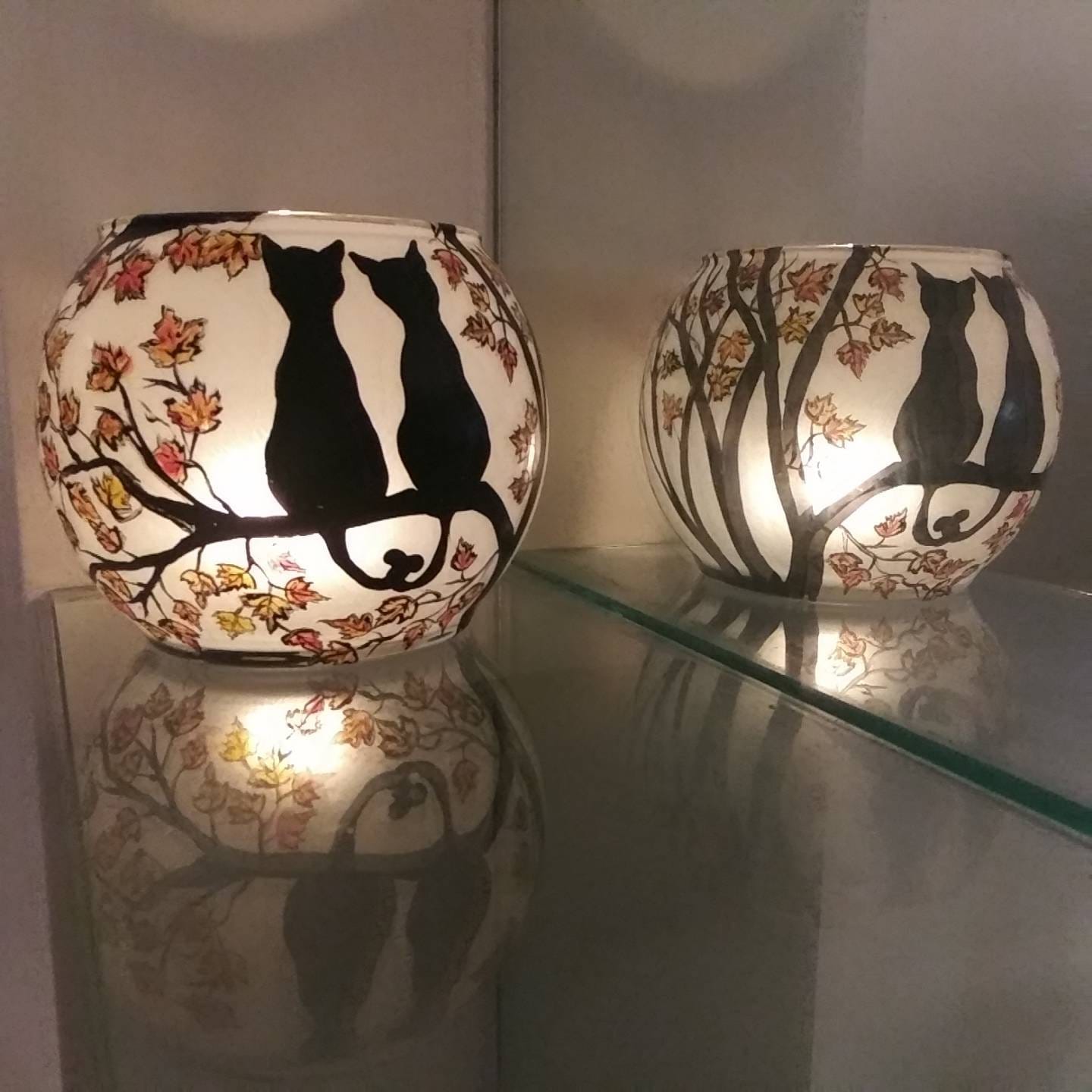 Hand Painted Cat Candle Holder: Autumn Leaves, Whimsical Gift - Thumbnail 2