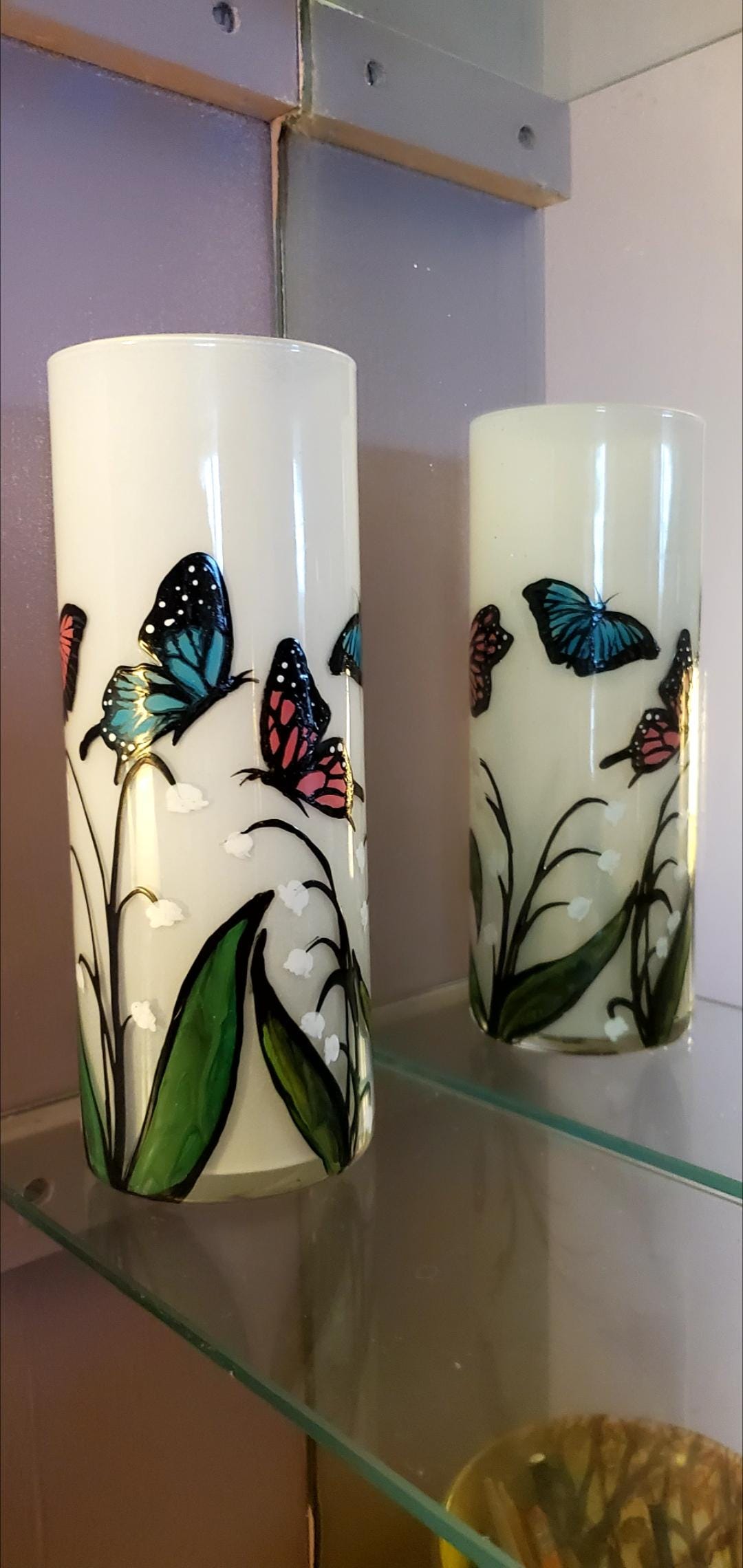 Hand Painted Butterfly & Lily of the Valley Glass Candle Holder (3x9") - Thumbnail 4