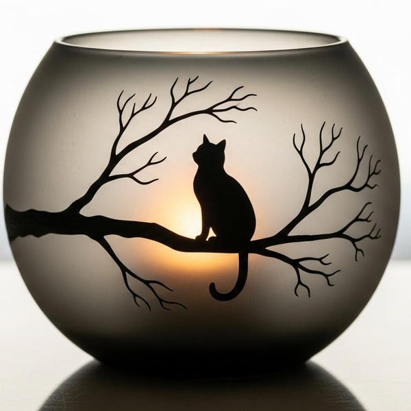 Handpainted Halloween Candle Holder: Cat on Branch Moon Shadow