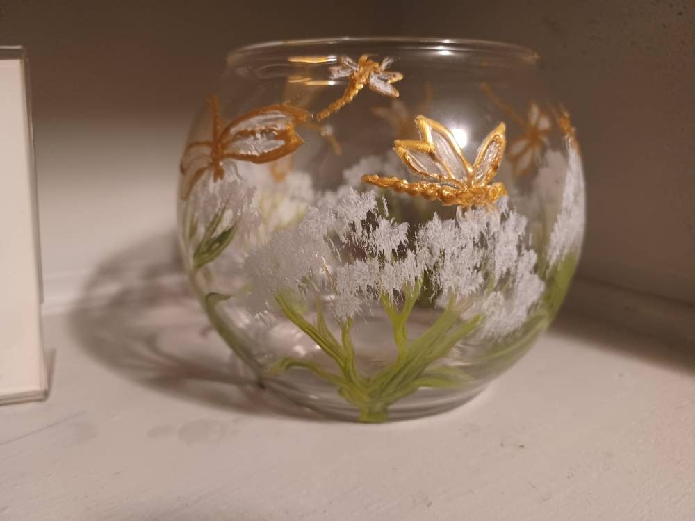 dragonflies with a little foliage hand painted candle holder glass 4x5" - Thumbnail 3