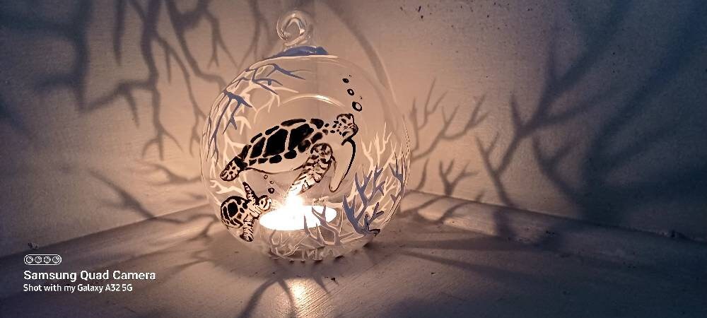 Sea turtle and coral reef under the sea  hand painted  hanging candle holder - Thumbnail 4