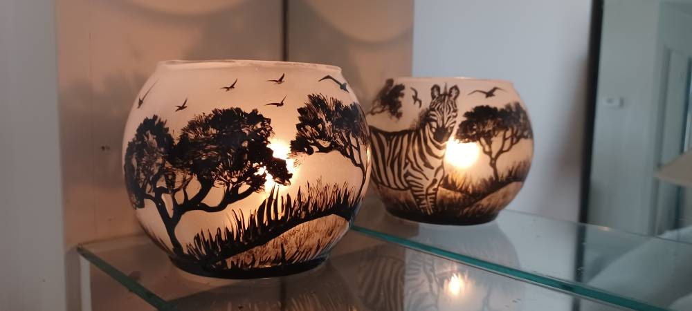 Zebra in savanna hand painted candle holder 4"x5" - Thumbnail 5