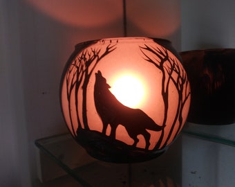Wolf and moon in the wood shadow light hand painted candle holder