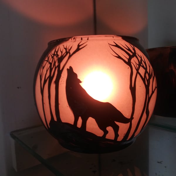 Wolf and moon in the wood shadow light hand painted candle holder