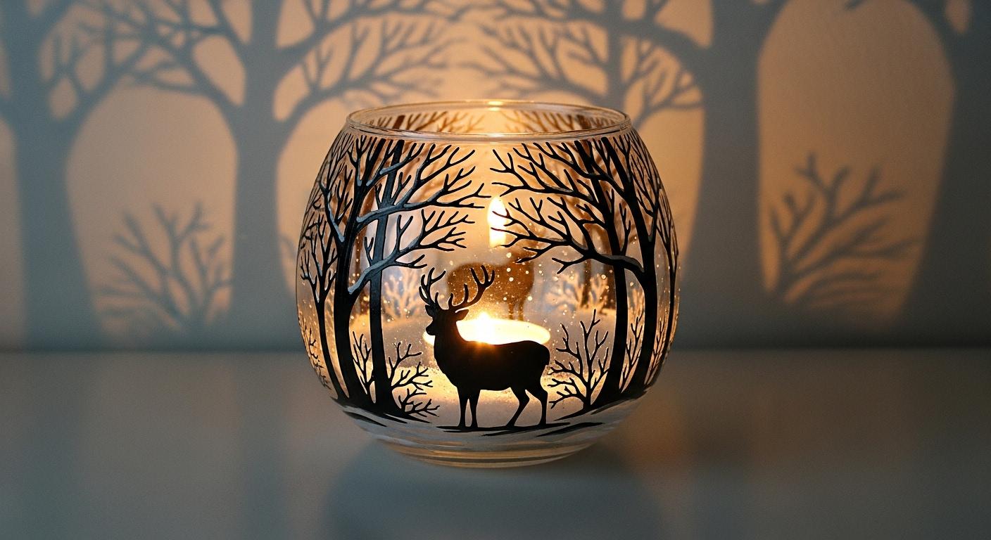 Hand Painted Deer Glass Candle Holder: Winter Forest Art (4x4)