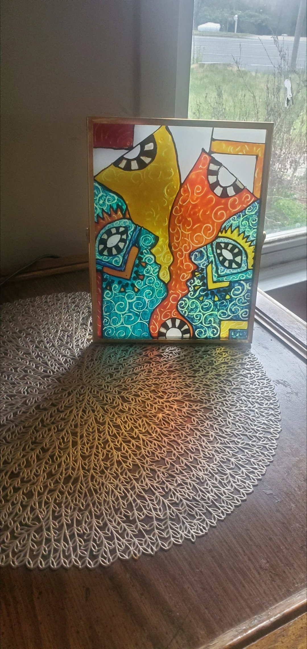 Hand Painted Lover Mask Stained Glass Art - 7x9" - Thumbnail 4