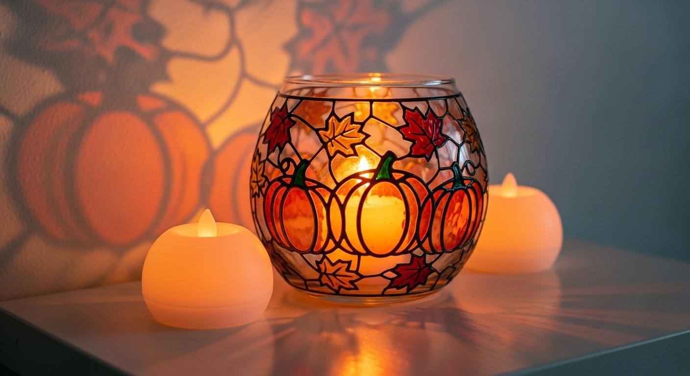Pumpkin candle holder and fall leaves 4x4" glass bowl hand painted Thanksgiving gift light