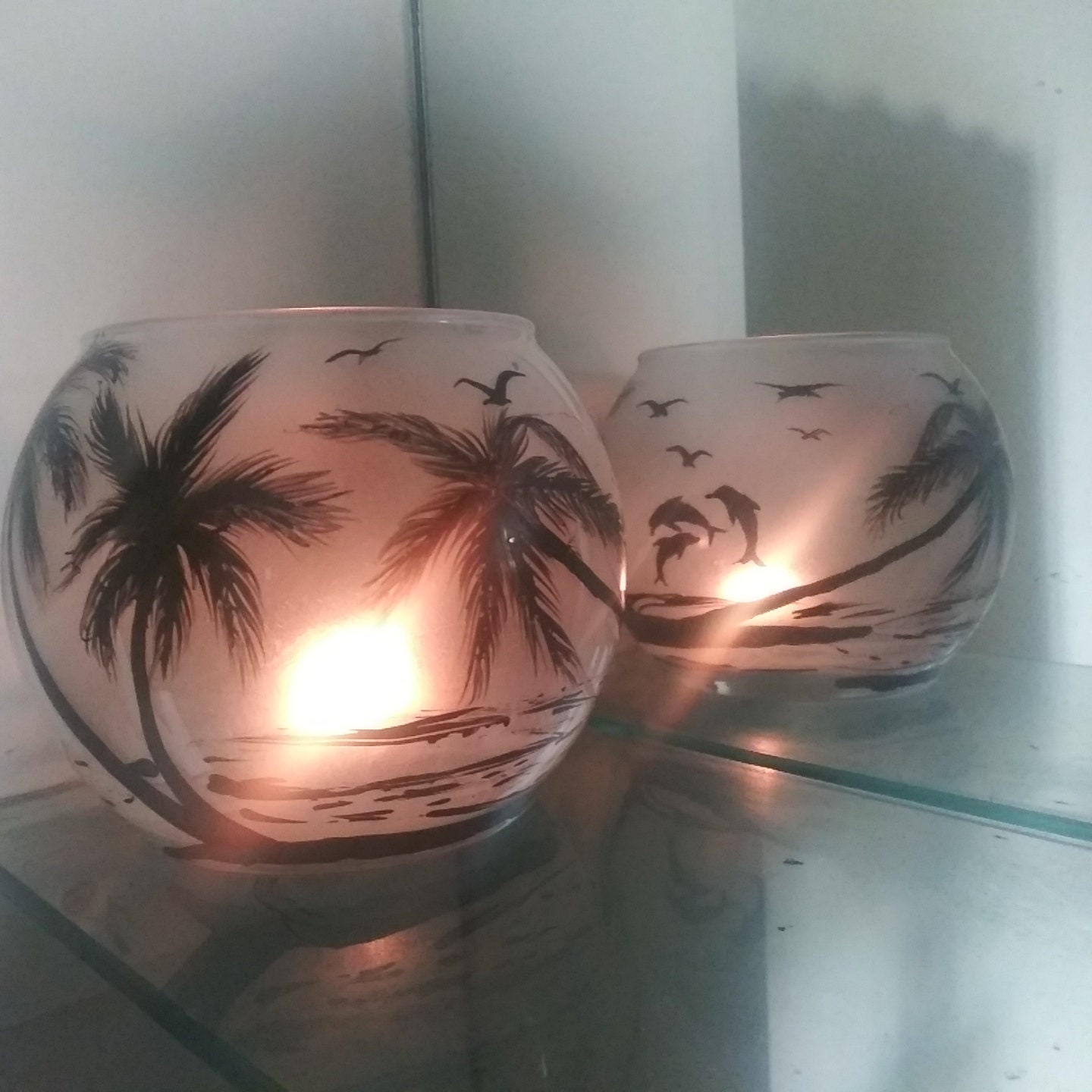 Hand Painted Dolphin Candle Holder: Frosted Blue Glass, Beach Decor - Thumbnail 5