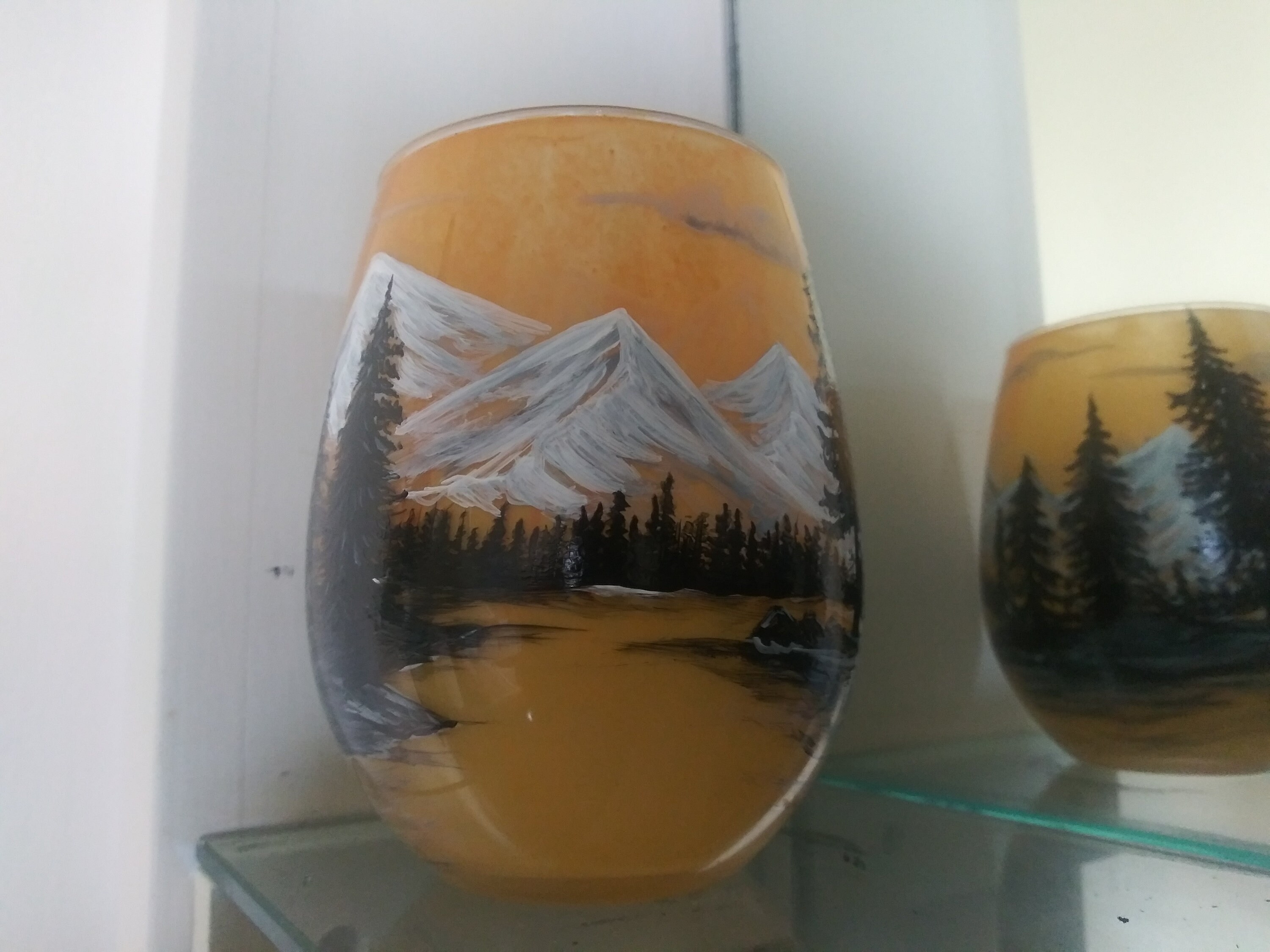 Hand Painted Mountain Lake Sunset Glass Candle Holder - Thumbnail 5