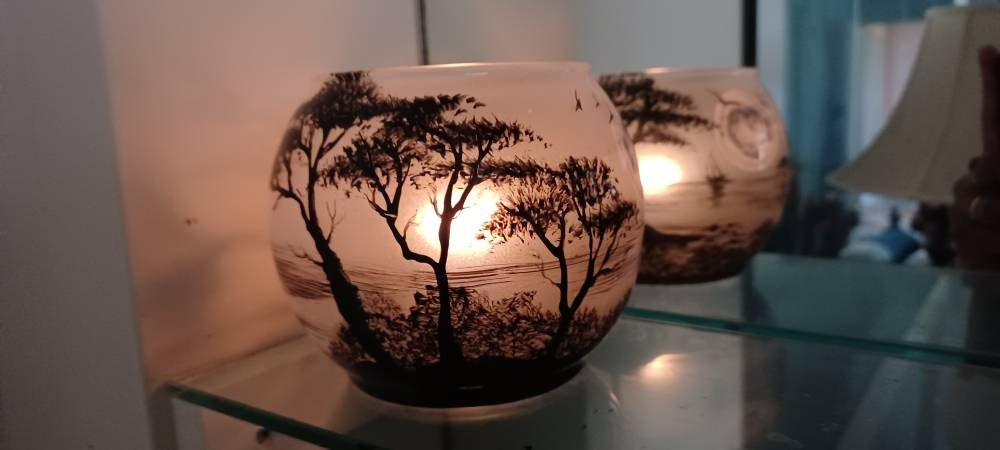 Beach and Monterey cyprus trees hand painted candle holder 4"x5" - Thumbnail 4