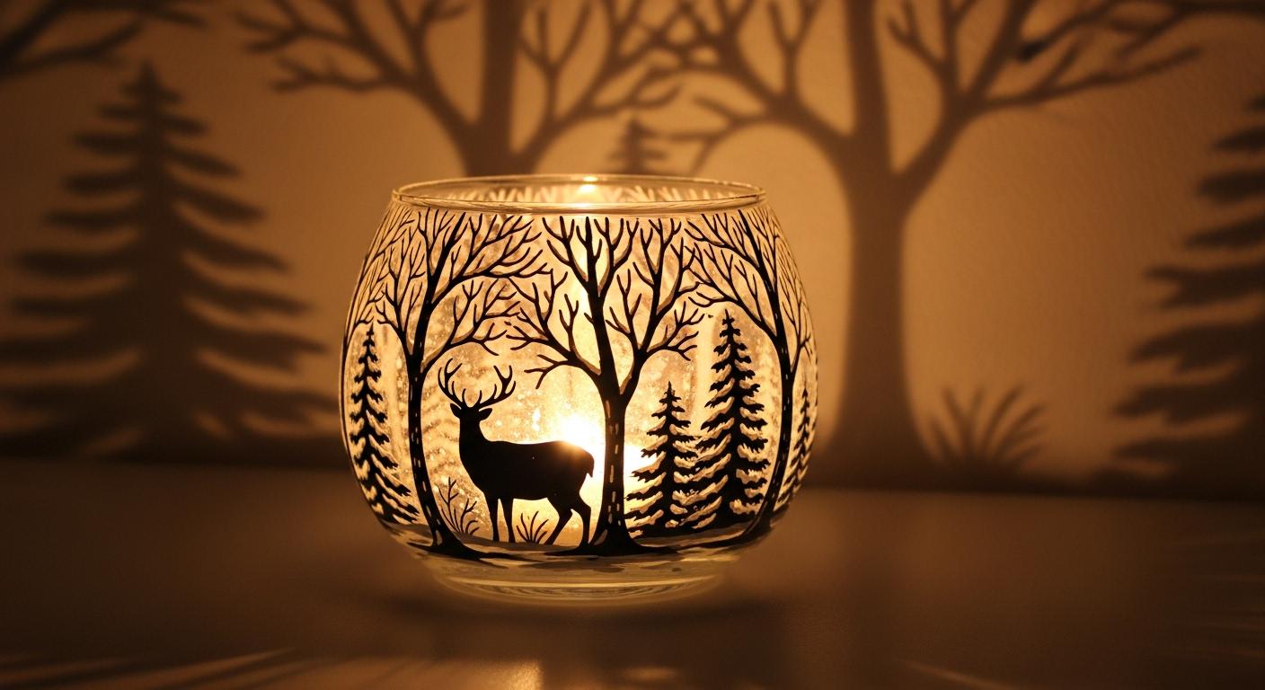 Hand Painted Deer Glass Candle Holder: Winter Forest Art (4x4) - Thumbnail 2