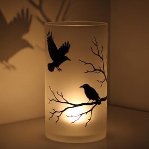 Crow Hand Painted Hanging Candle Holder Unique Halloween Decor Gothic Glass Tealight Nature Gift