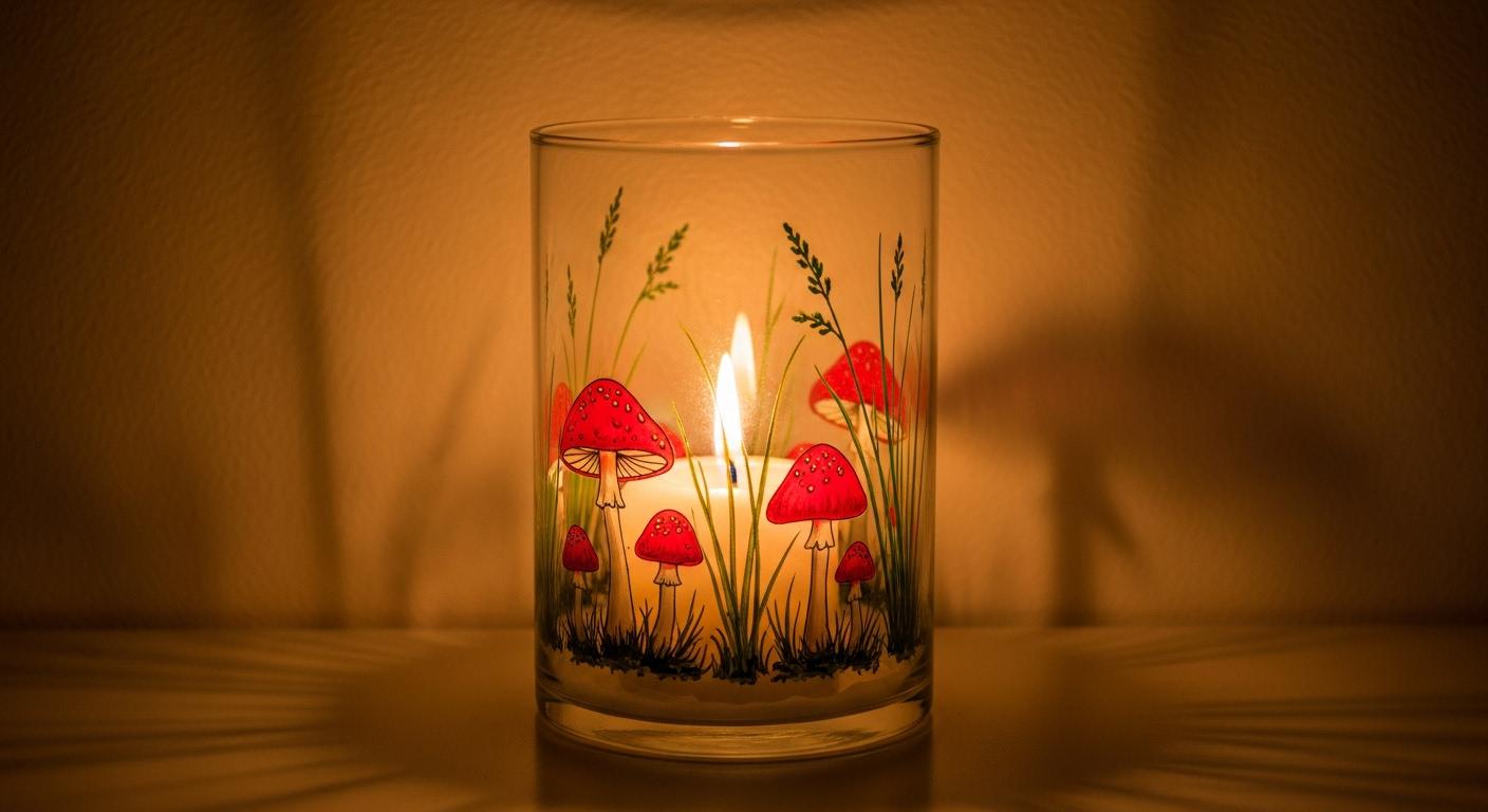 Hand painted Mushroom Candle holder and vase fairy house gift 9"  cylinder glass - Thumbnail 2