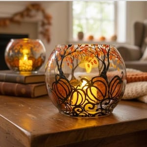 Portavelas de cristal pintado a mano con diseño de árboles de otoño y calabazas – Cuenco para velas de té de otoño – Decoración para el hogar en Acción de Gracias, regalos personalizados, regalo de Navidad