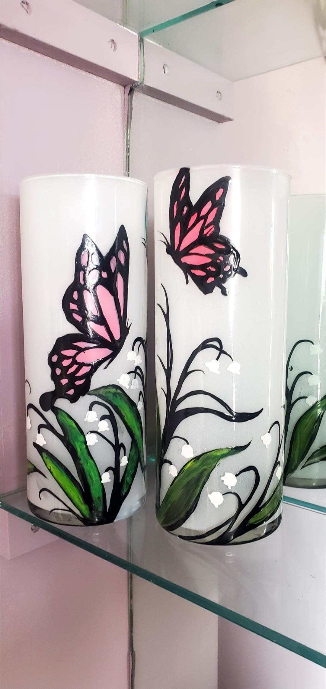 Hand Painted Butterfly & Lily Candle Holder Set: Cylinder Glass Gift - Thumbnail 5