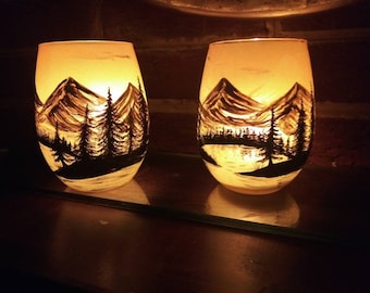 Mountain lake pine park sunset beautiful landscape hand painted candle holder