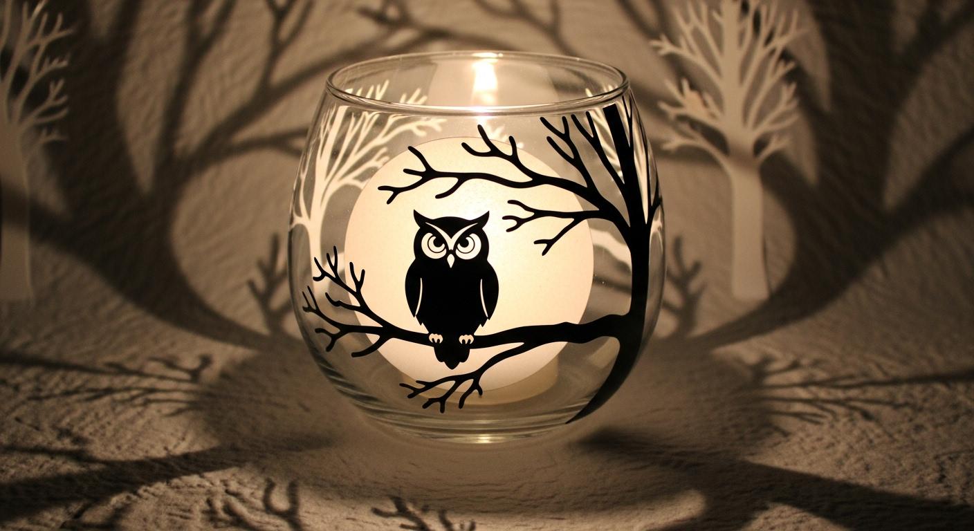 Hand Painted Owl Candle Holder: Moonlit Winter Scene (4x5")