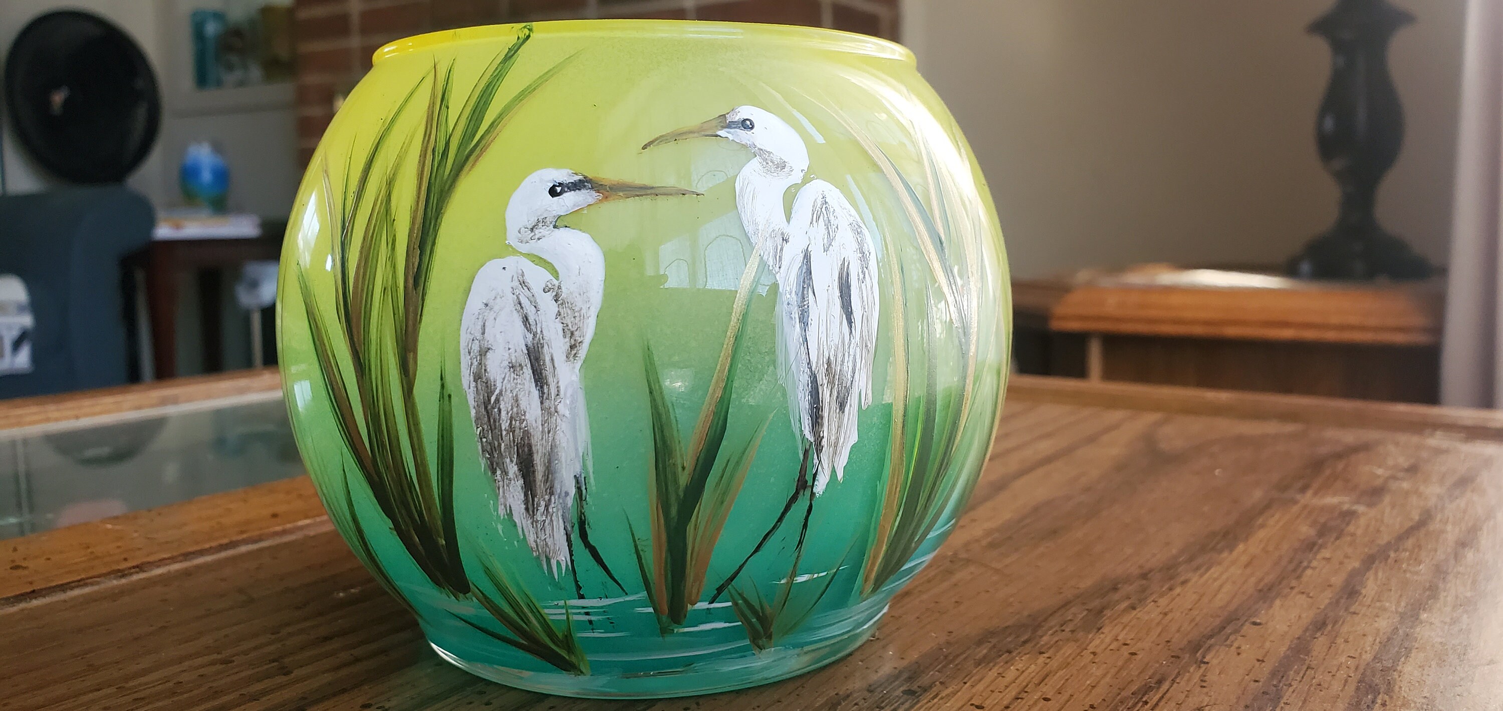 Egret bird in pond hand painted candle holder in glass bowl - Thumbnail 5