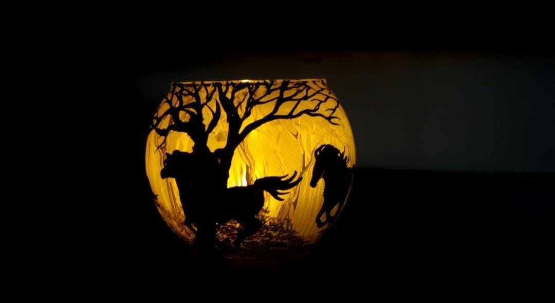 Running horses in forest hand painted candle holder sunset color - Image 1